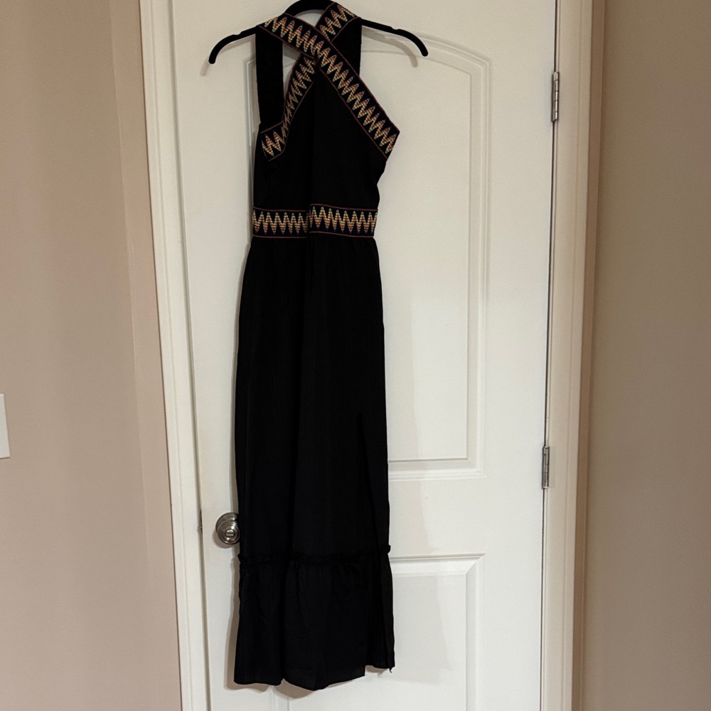 Black Maxi Halter Dress with Embroidered Trim